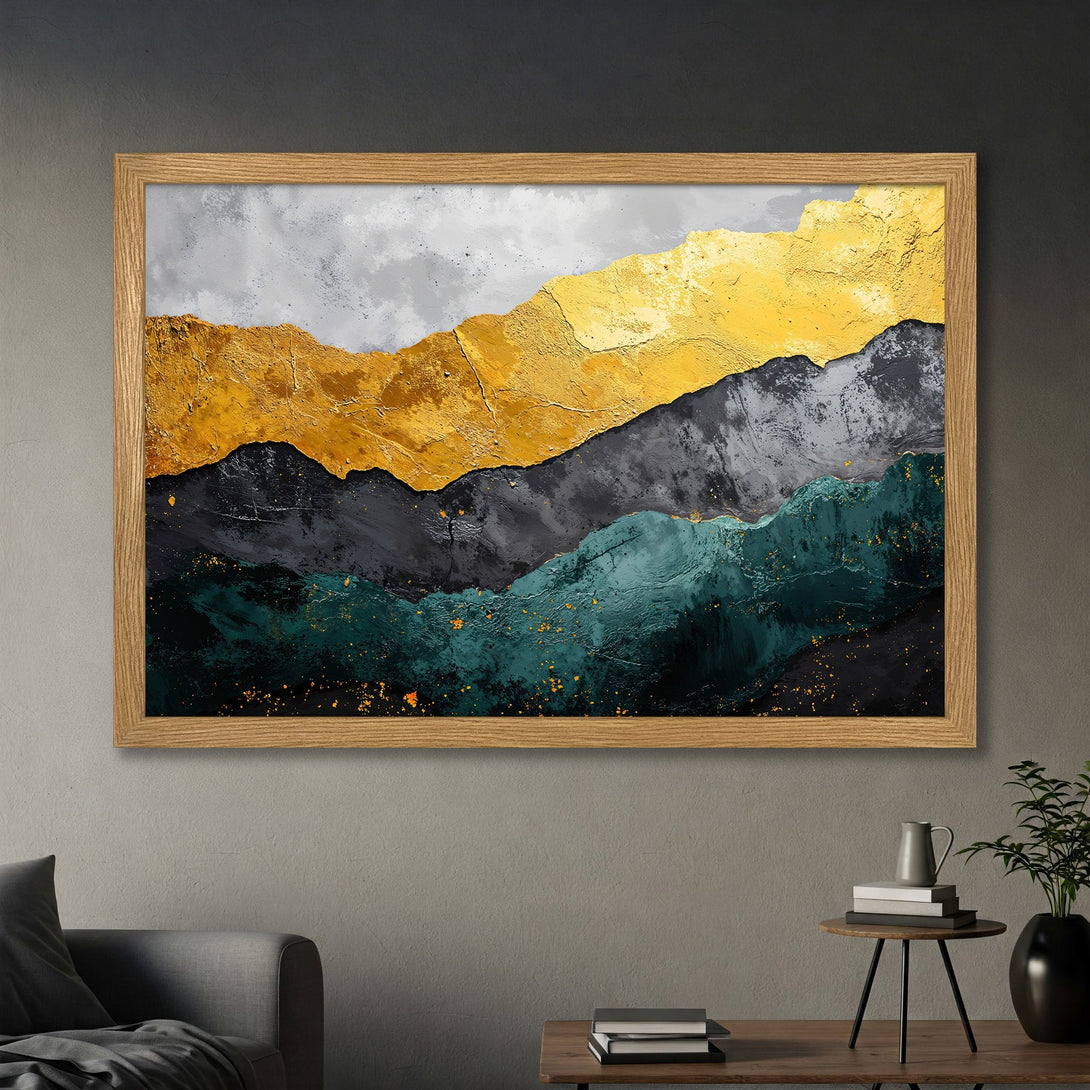 Framed Poster of abstract mountains in gold, gray, and teal. Modern art print for home decor.