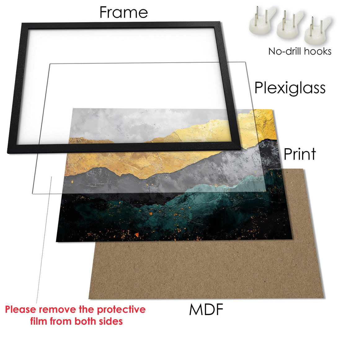 Framed Poster featuring abstract mountain art in gold, gray, and teal. Modern wall decor.