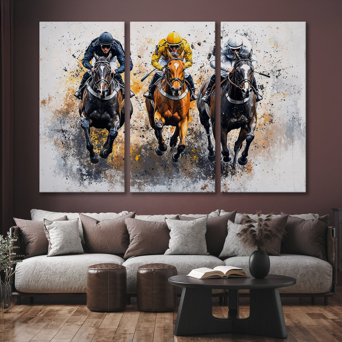 Canvas Print of racing horses in an abstract style. Features a neutral color palette with pops of yellow and black. Perfect wall art for any space.