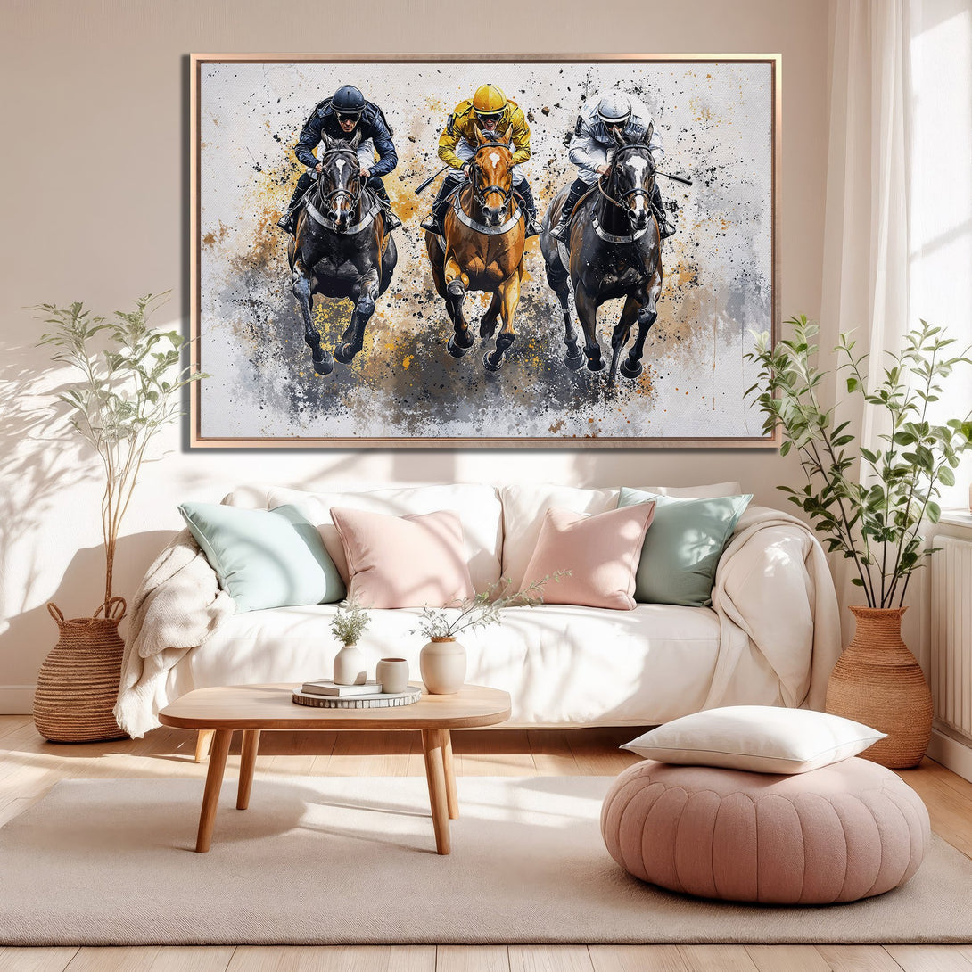 Framed Wall Art: Dynamic horse racing scene in abstract style. Features jockeys, horses, and a neutral color palette with splashes of gold and black. Perfect for home decor.