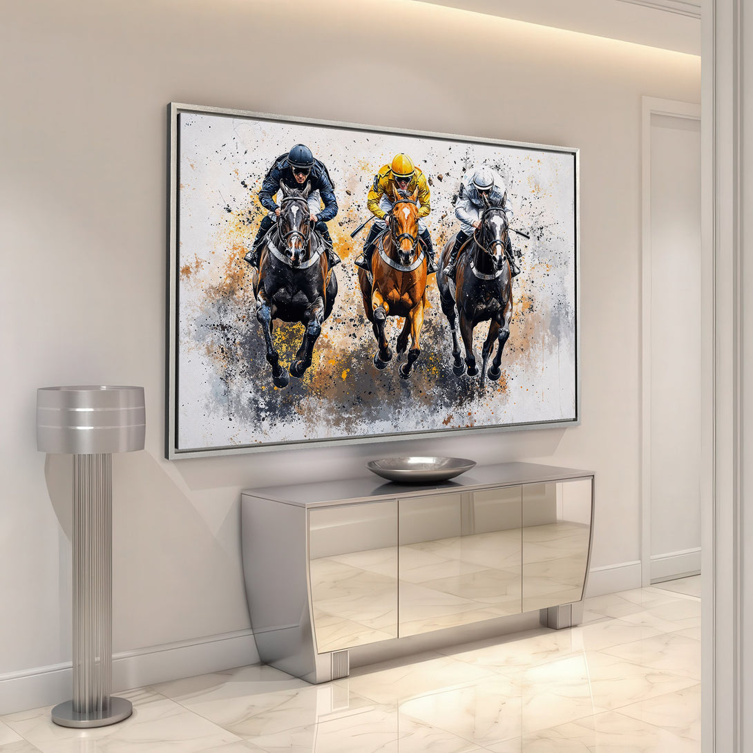 Framed Wall Art: Dynamic horse racing scene in abstract style. Featuring vibrant colors and a splash effect, this canvas print adds a modern touch to any space.