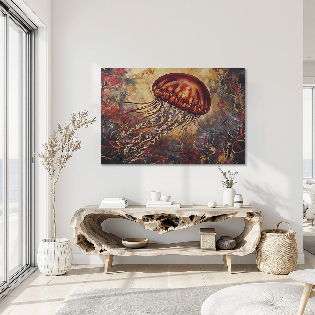 Framed Wall Art: Abstract jellyfish in red, gold, and black. Modern Canvas Print adds coastal style to any space.