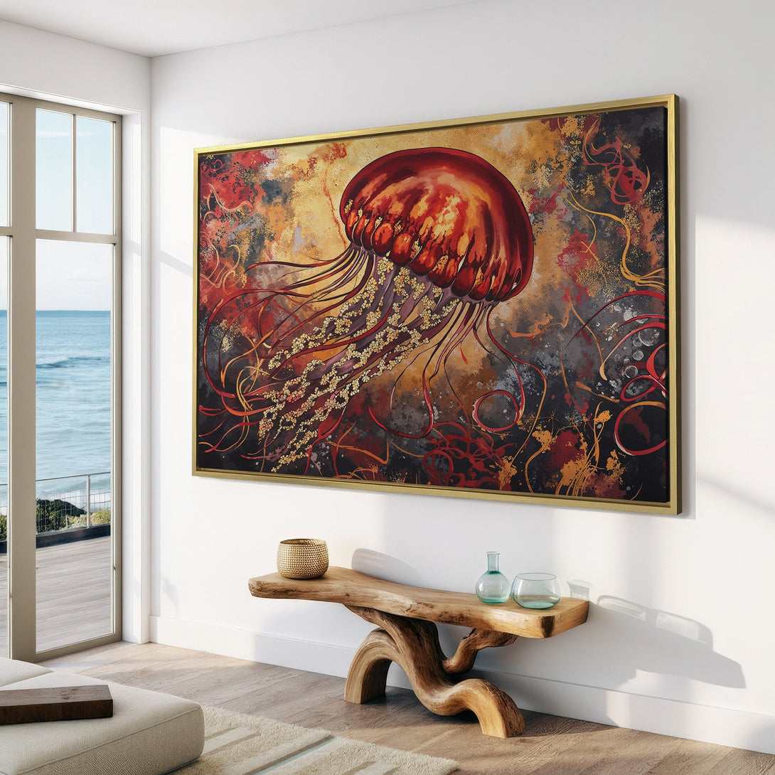 Canvas Print of a vibrant jellyfish abstract art in red, gold, and black. Modern wall art for coastal home decor.
