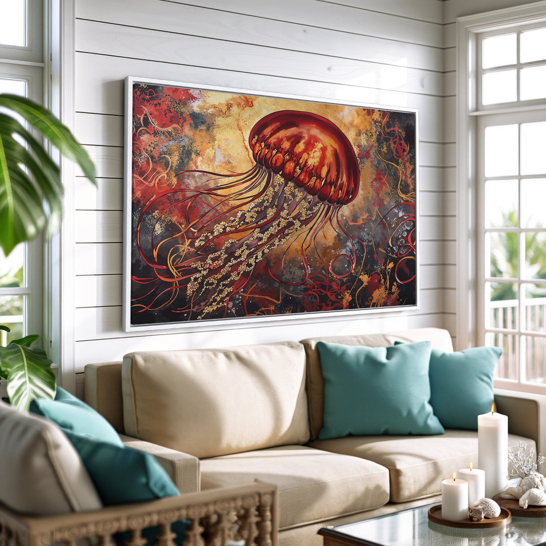 Framed Wall Art: Abstract jellyfish painting in warm red, gold, and black tones. Coastal-inspired decor for a stylish living room.