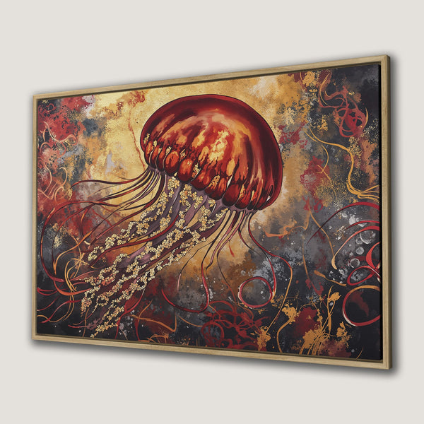 Framed Wall Art: Abstract jellyfish canvas print in warm red, gold, and black tones. Add a touch of elegance with this stunning ocean-inspired art.