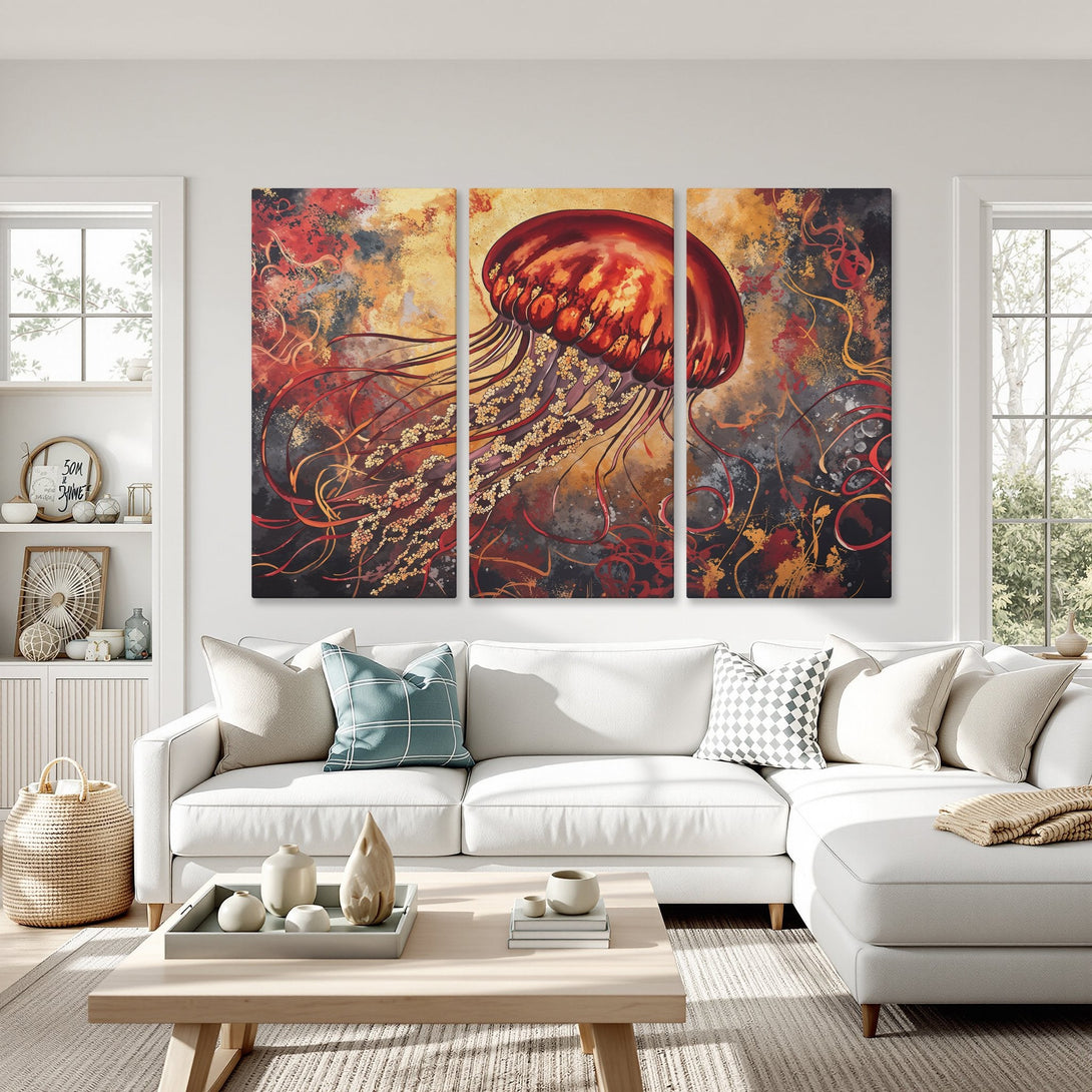 Abstract Canvas Print of a vibrant jellyfish in red, gold, and black. Modern art for your living room.