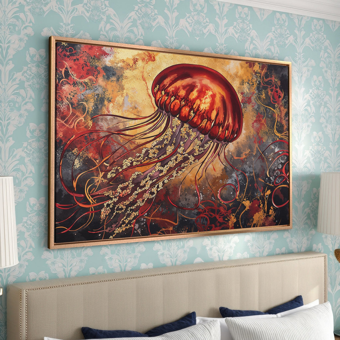 Framed Wall Art: Abstract jellyfish art in warm red and gold tones. Modern canvas print adds a splash of color to any bedroom.