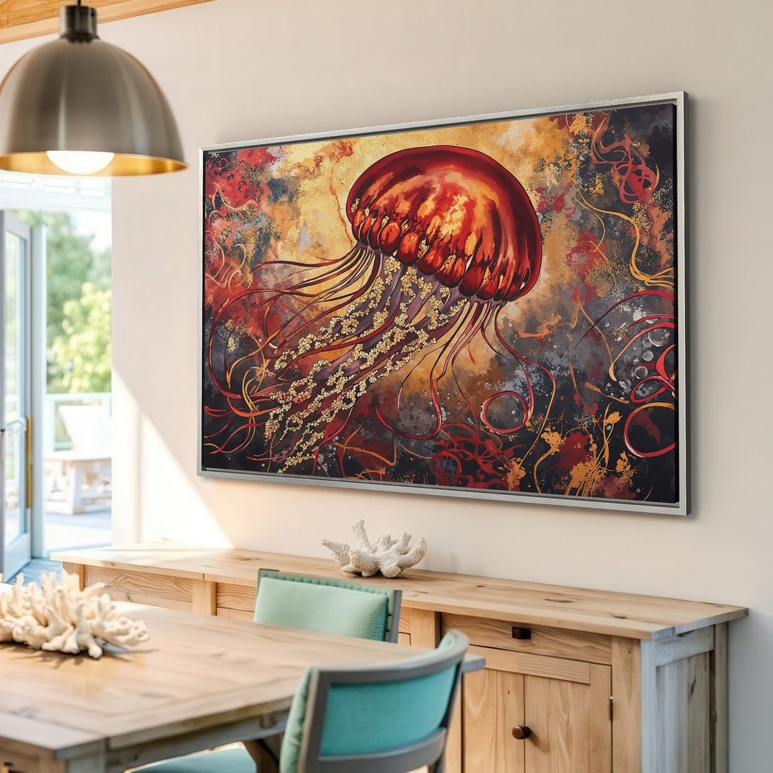 Framed Wall Art: Abstract jellyfish canvas print in warm red, gold, and black tones. Modern art for home decor.