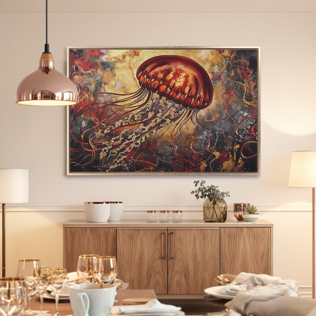 Framed Wall Art featuring a vibrant jellyfish abstract painting. Rich red, gold, and black color palette. Add a touch of modern elegance to your space!