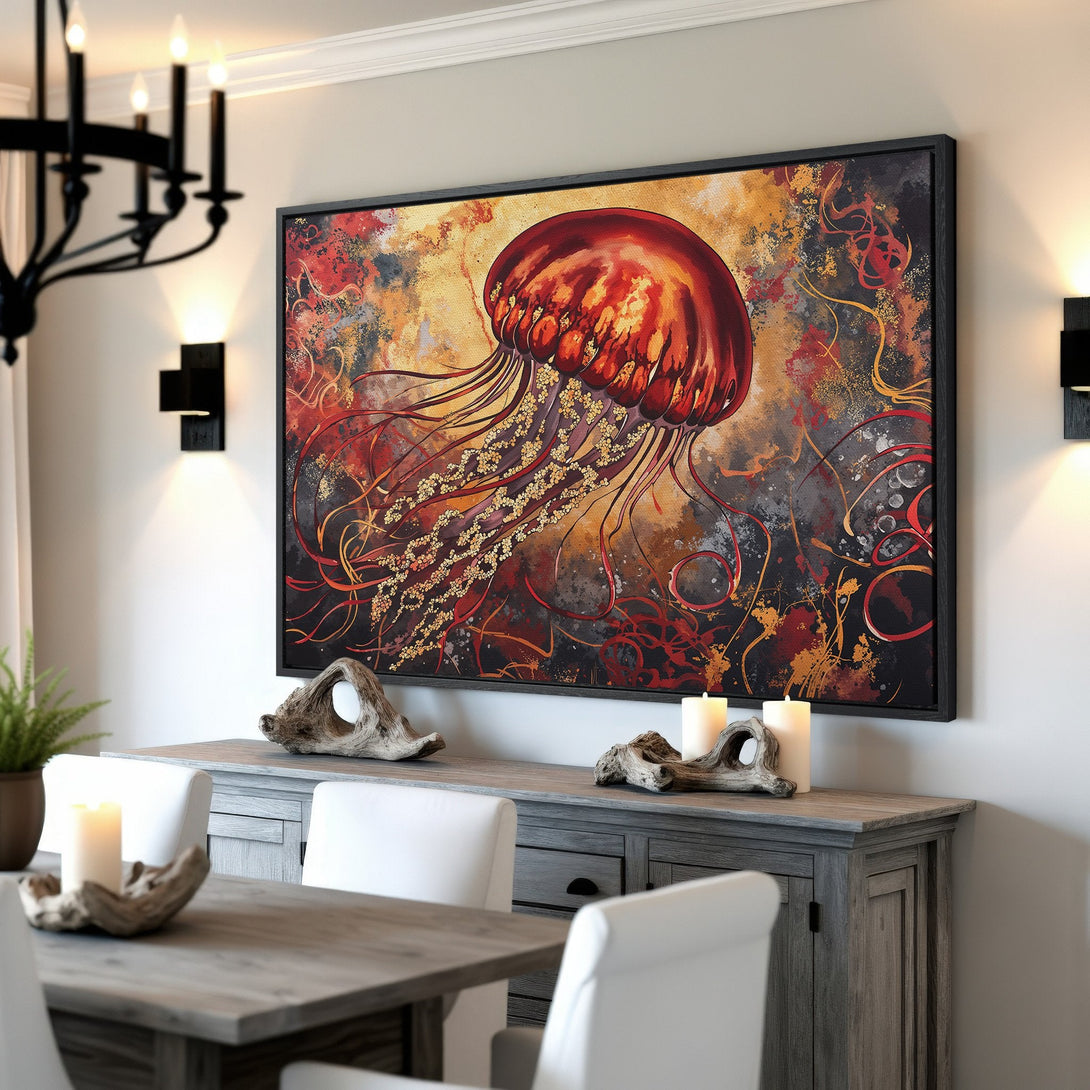 Framed Wall Art: Abstract jellyfish canvas print in red, gold, and black. Modern art for your home. Elevate your decor!