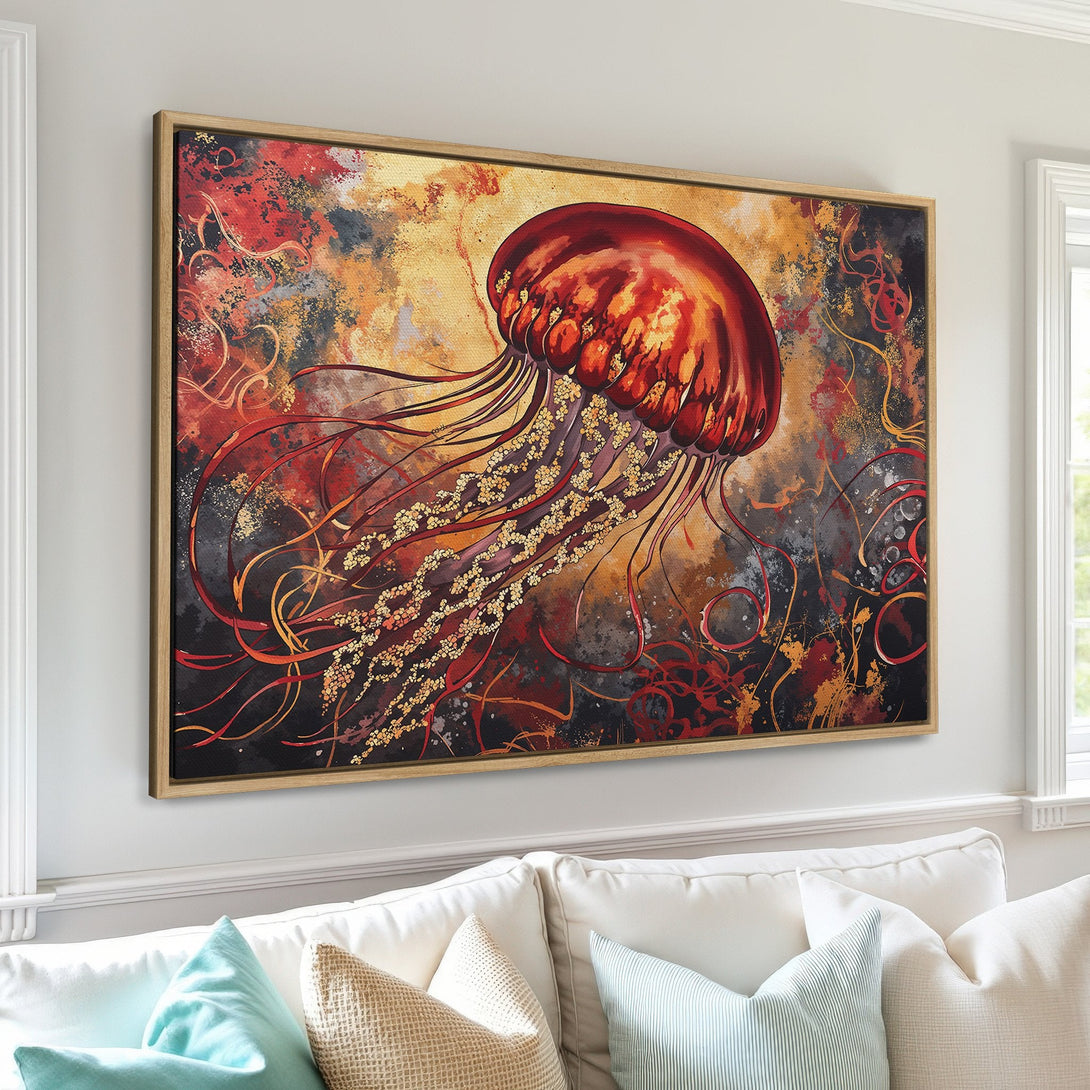 Framed Wall Art featuring a vibrant jellyfish in a modern abstract style. Rich red, orange, and gold hues create a stunning focal point for any room.