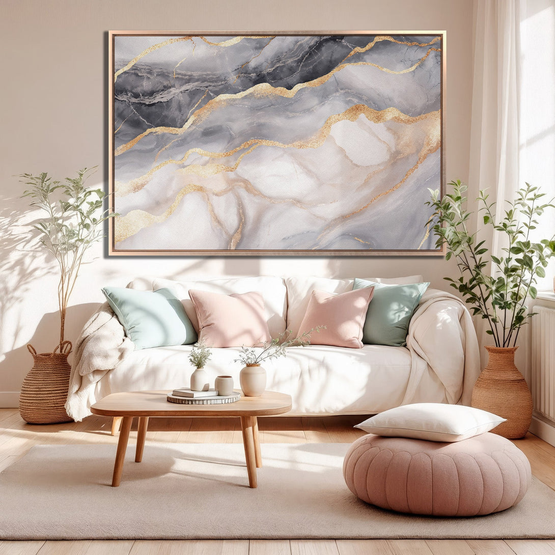Framed Wall Art: Abstract marble design in gray, gold, and white. Modern canvas print adds elegance to any living room. Shop now for stylish home decor!