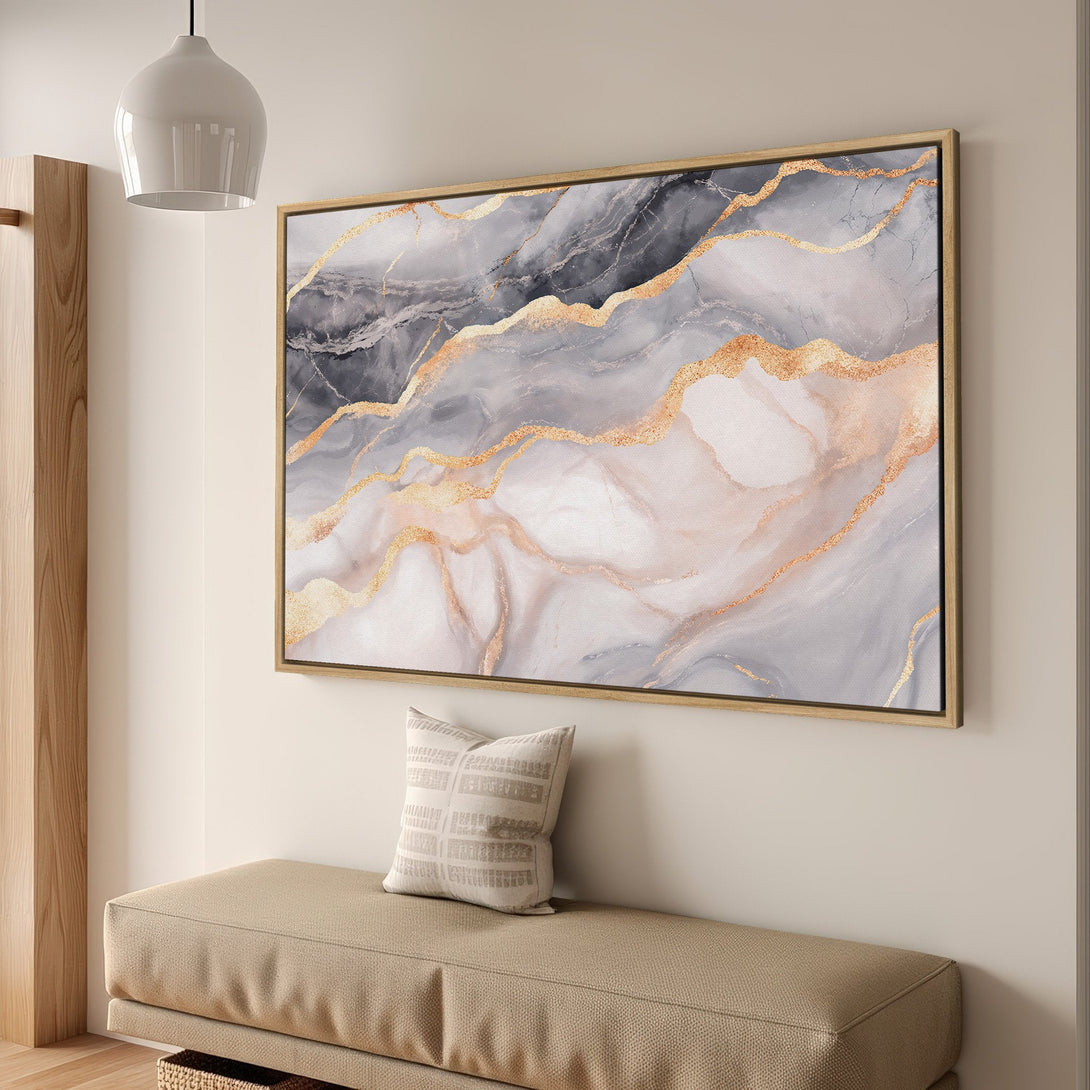 Framed Wall Art: Abstract marble art in gray, gold, and blush tones. Modern canvas print perfect for any interior. Shop now!