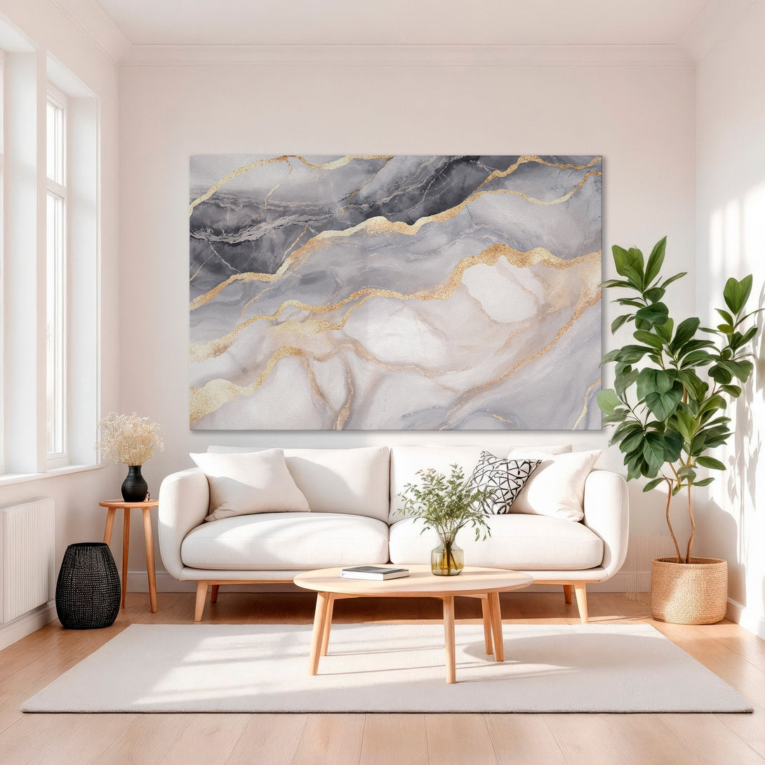 Framed Wall Art featuring abstract gold and grey marble design. Modern canvas print with elegant, neutral color palette, perfect for any interior.