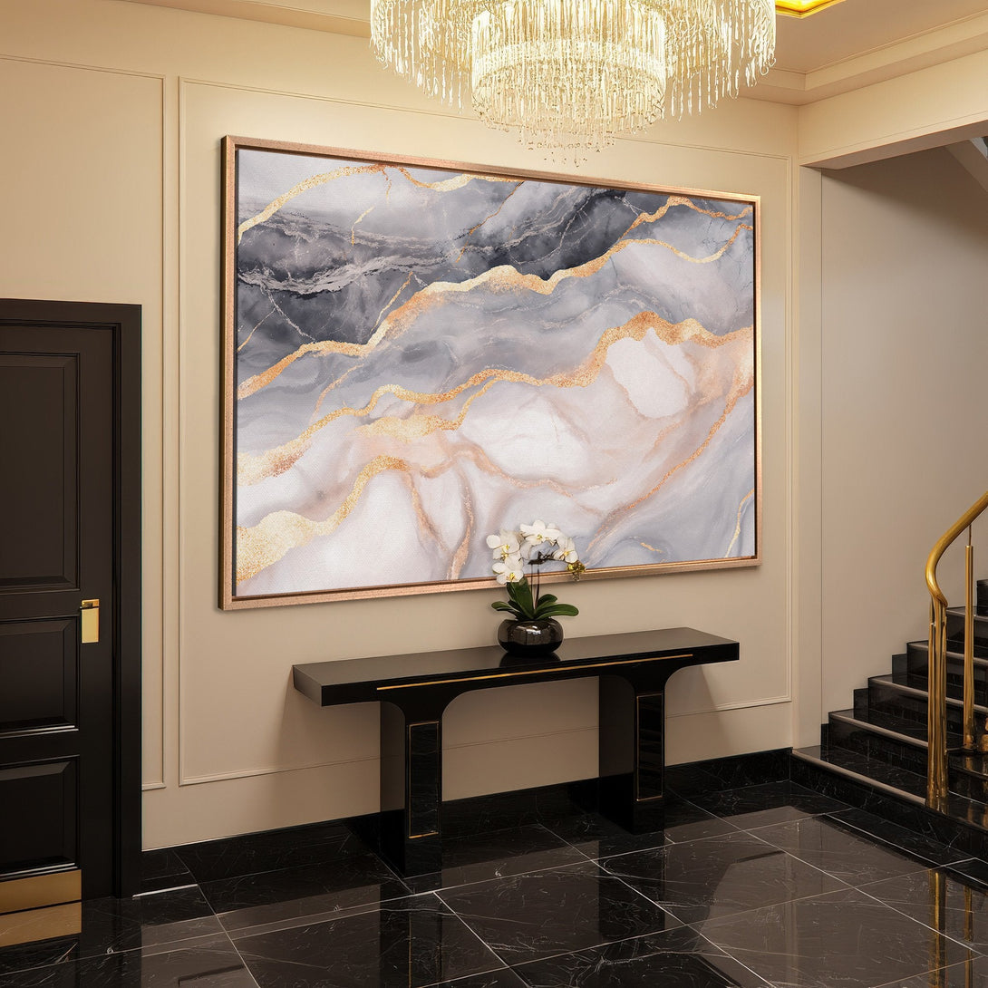 Framed Wall Art: Abstract marble design in gray, gold, and white. Modern art canvas print adds luxury to any interior.