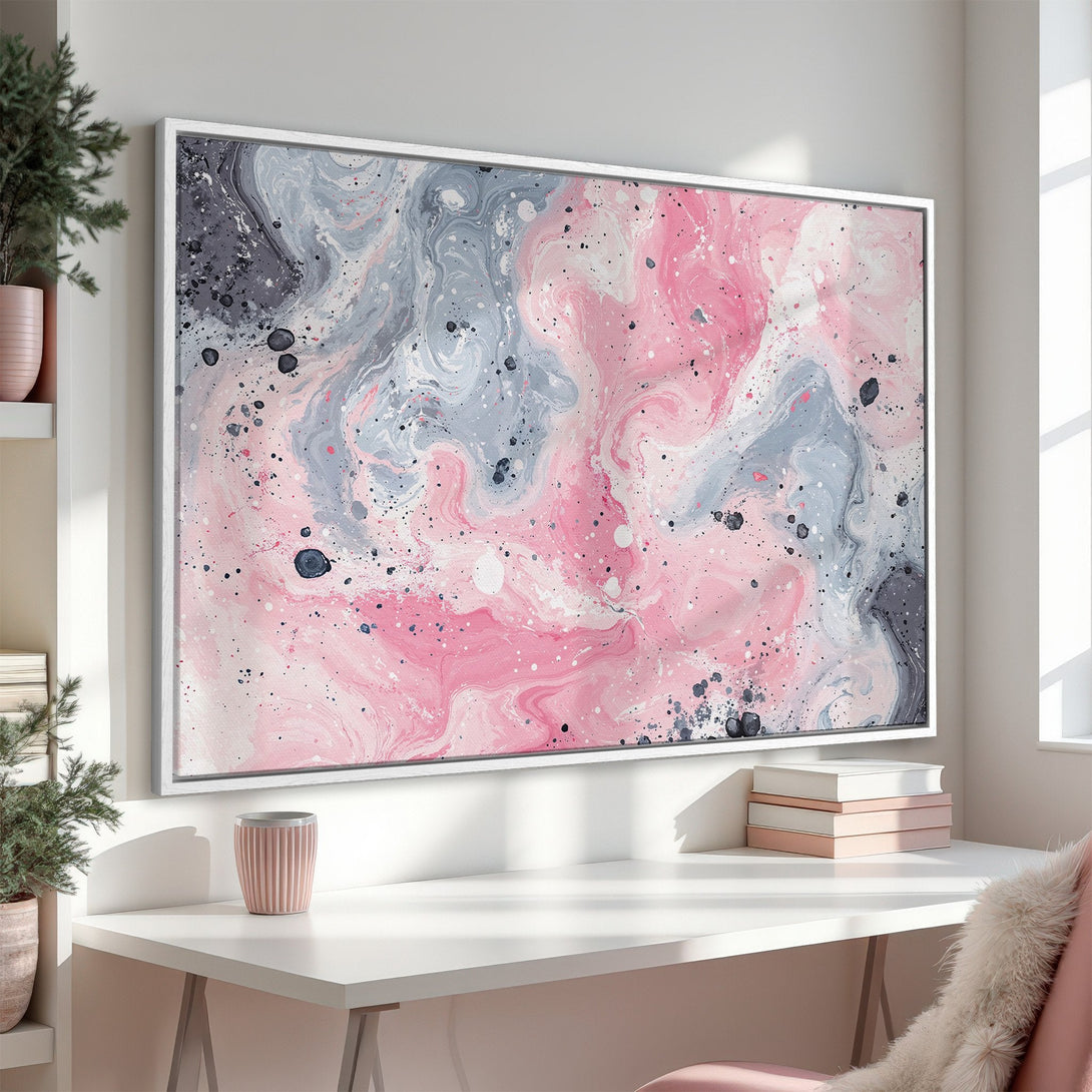 Framed Wall Art: Abstract pink, gray, and black canvas print. Modern art for home decor. Enhance your space with this stylish artwork.