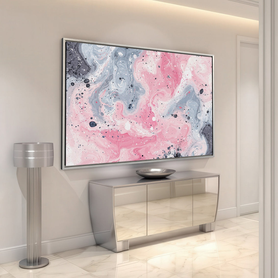 Framed Wall Art: Abstract pink, gray, and black swirl design Canvas Print. Modern art for your home. Stylish decor with a calming color palette.
