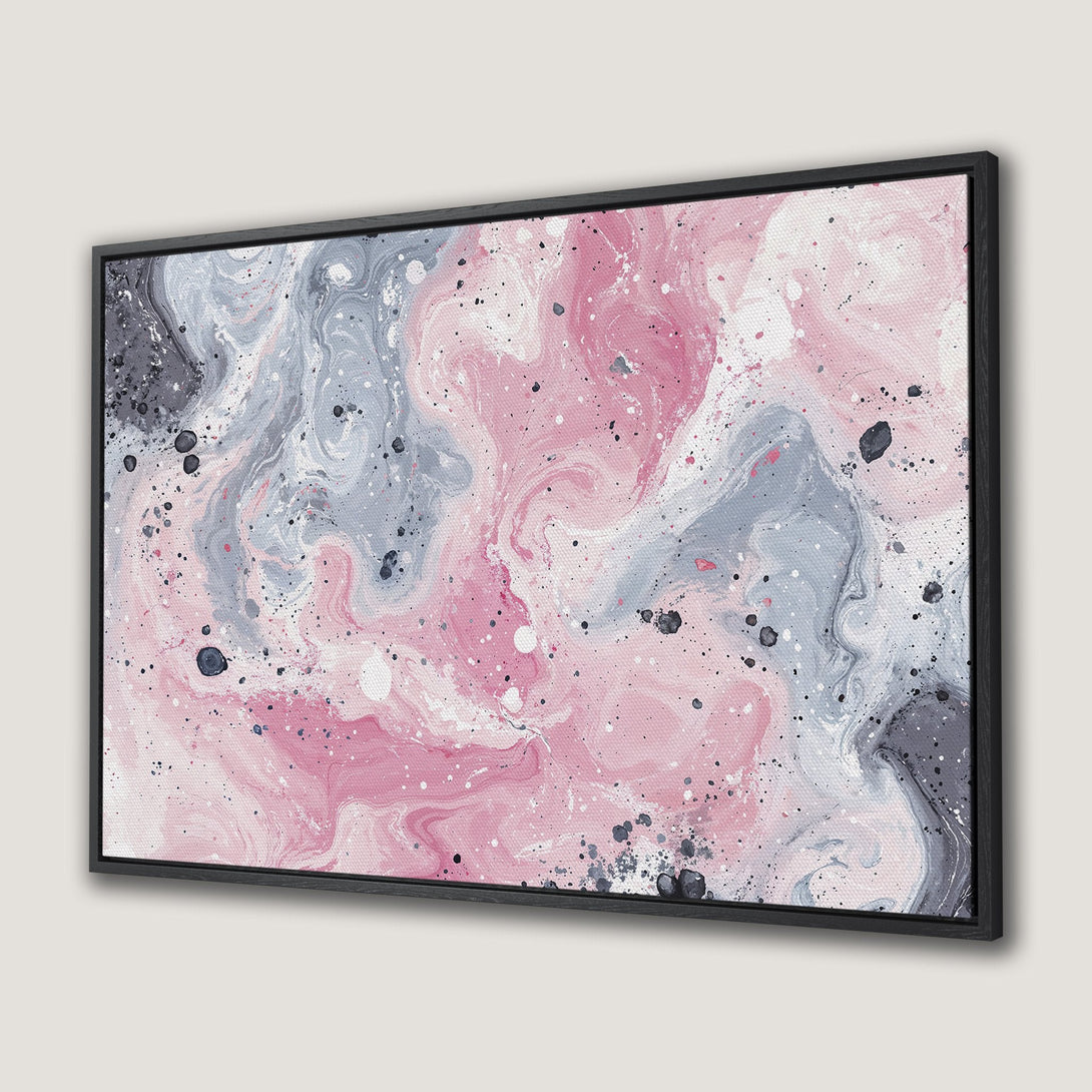 Framed Wall Art: Abstract canvas print with a fluid, marbled design in pink, gray, and white. Modern art for your home decor.
