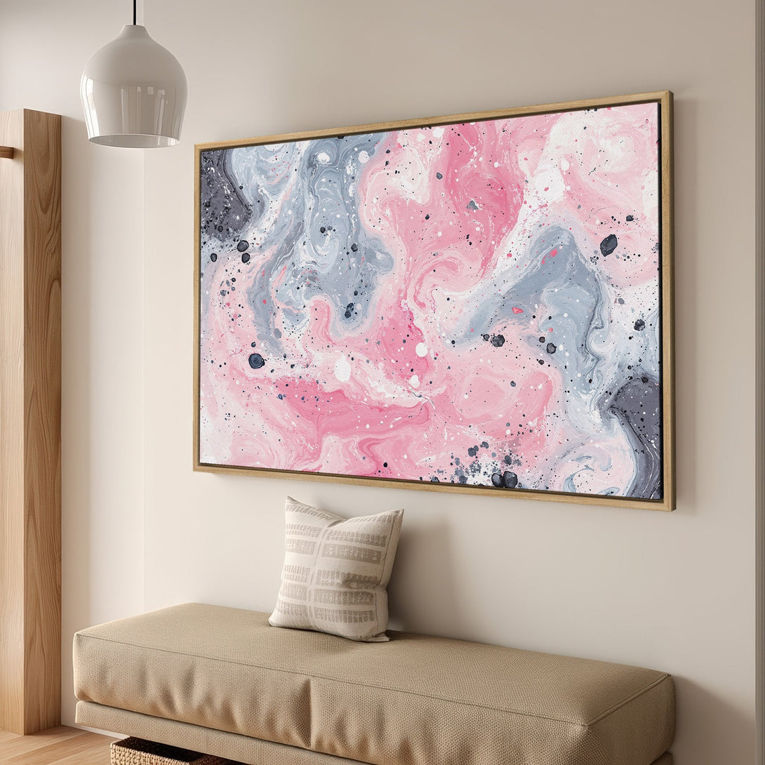 Abstract Canvas Print in pink, gray, and white. Modern art with fluid paint effect. Perfect for adding a pop of color to any space.
