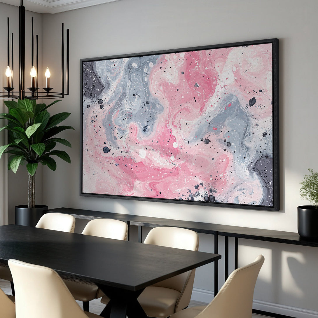 Framed Wall Art: Abstract pink, gray, and white canvas print. Modern art decor for dining room. Enhance your space with this stylish wall art.