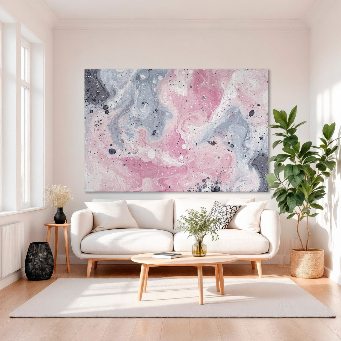 Framed Wall Art: Abstract pink, gray & black canvas print. Modern art for living room decor. Adds a touch of elegance to any space.