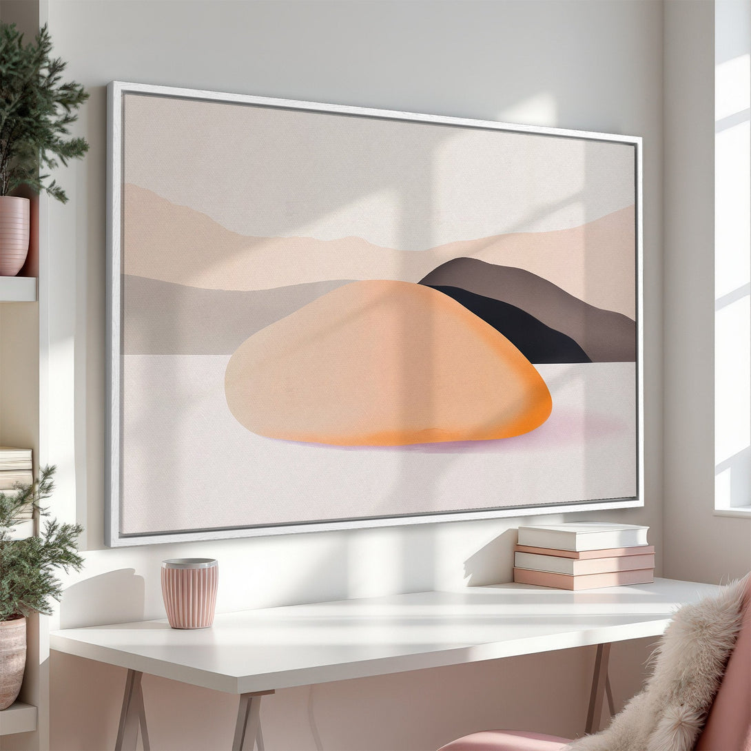 Framed Wall Art featuring an abstract landscape in a warm, neutral color palette. Modern art for a stylish home.