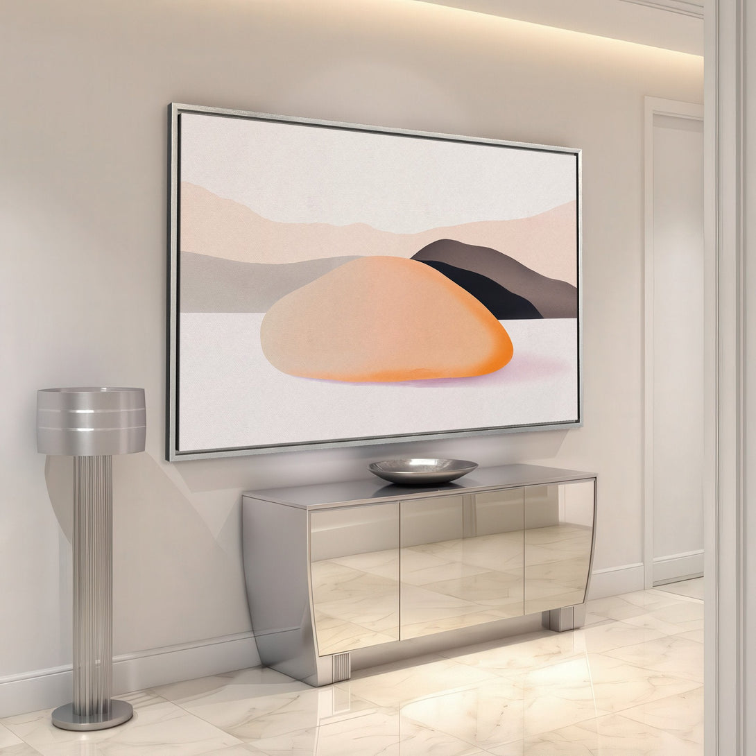 Framed Wall Art featuring an abstract landscape in neutral tones. Modern art style with a warm, inviting color palette. Perfect for any home decor.