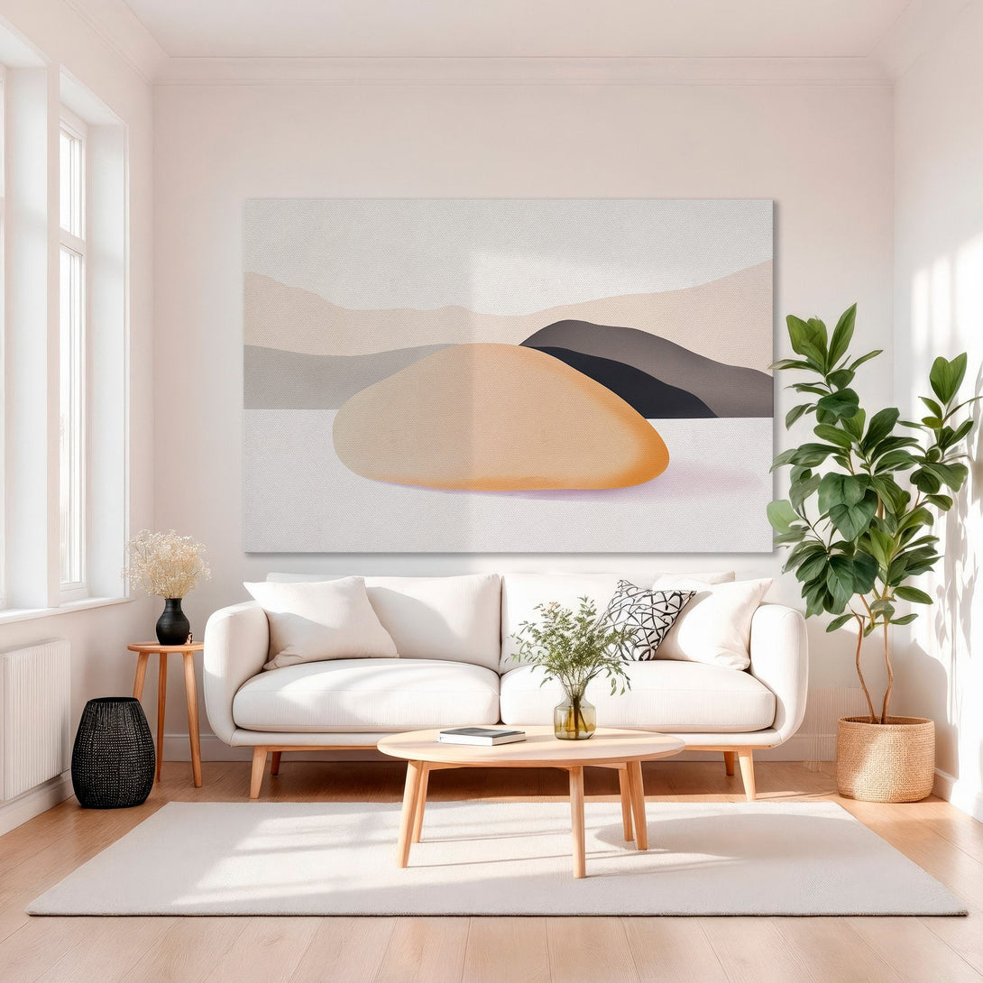 Framed Wall Art: Abstract landscape Canvas Print in neutral tones. Modern art with warm beige, brown, and orange palette. Perfect for living room decor.