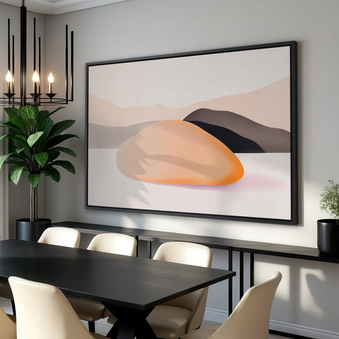 Framed Wall Art: Abstract landscape canvas print in neutral tones. Modern art with a warm color palette, perfect for dining room decor.