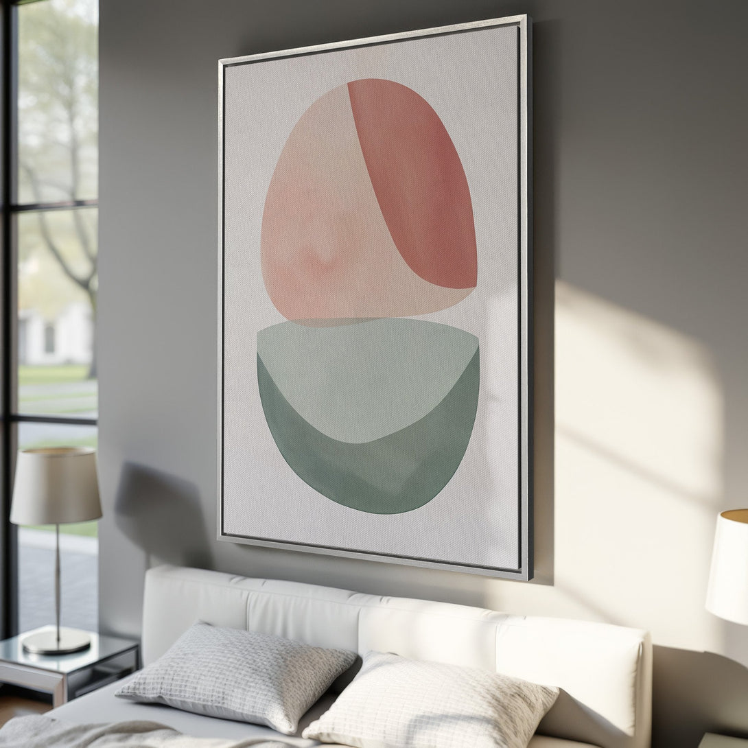 Framed Wall Art: Abstract geometric shapes in blush pink and sage green. Modern canvas print perfect for bedroom decor.
