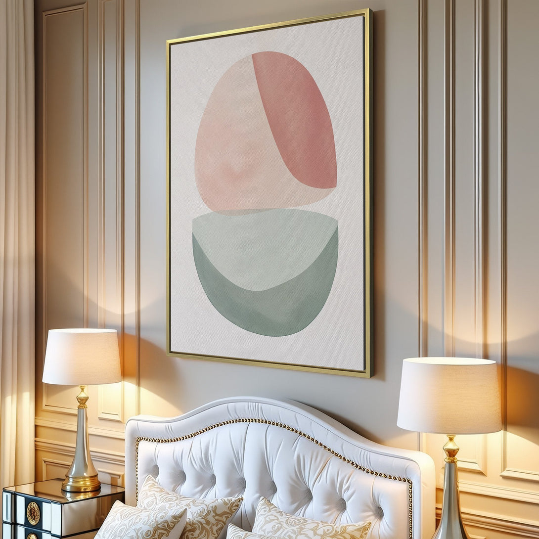 Canvas Print abstract art in a modern interior. Pastel pink and green geometric shapes on a white background. Perfect for minimalist decor.