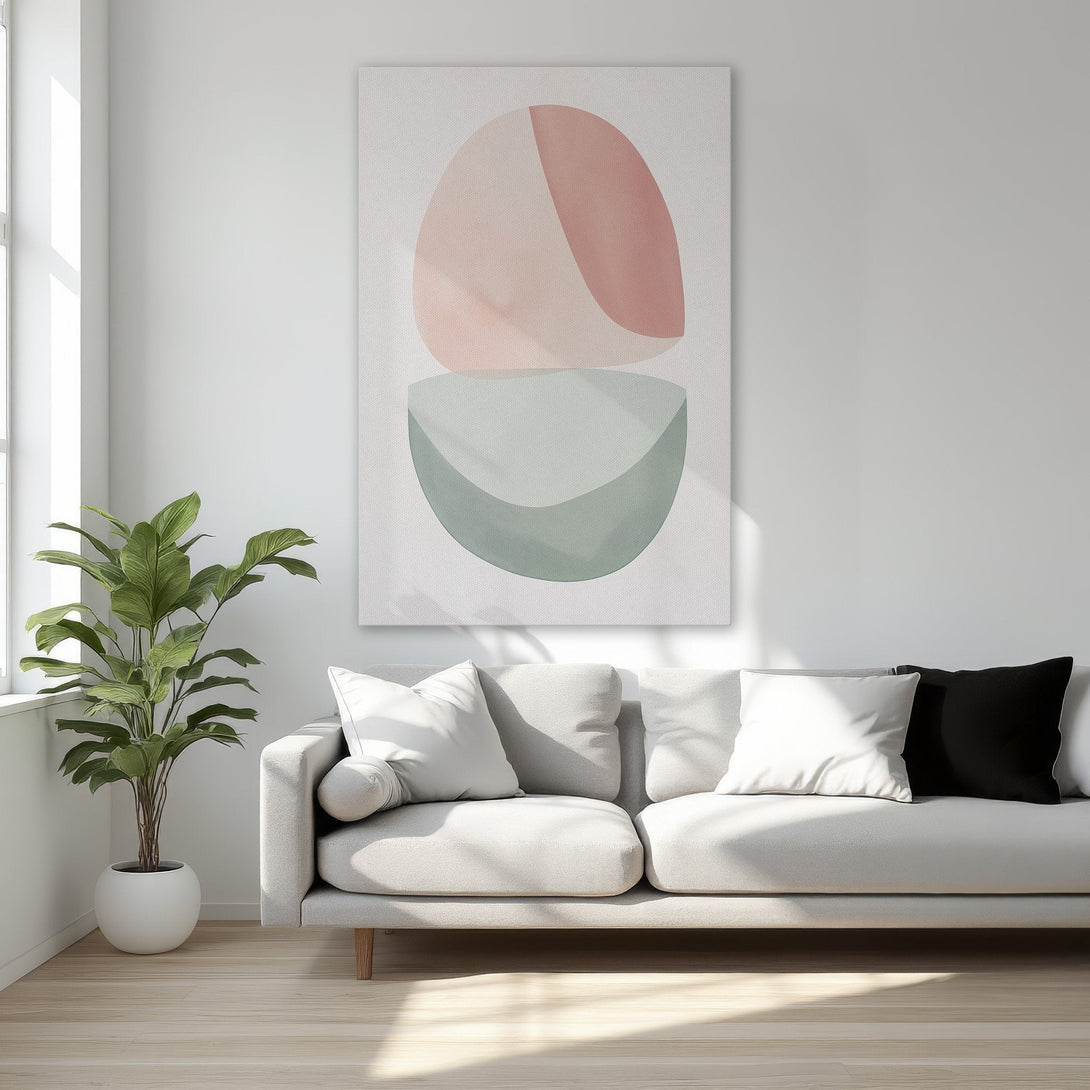 Framed Wall Art: Abstract shapes in blush pink and sage green. Modern canvas print adds a touch of elegance to any bedroom decor.