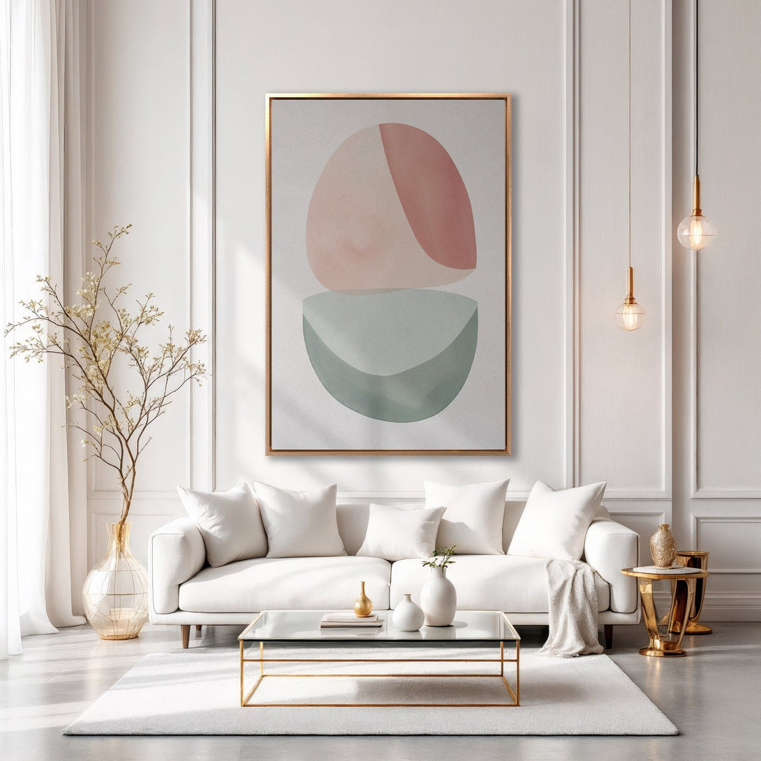 Framed Wall Art: Abstract geometric art in a modern living room. Features soft pinks, greens, and neutral tones. Elevate your space with this stylish canvas print.
