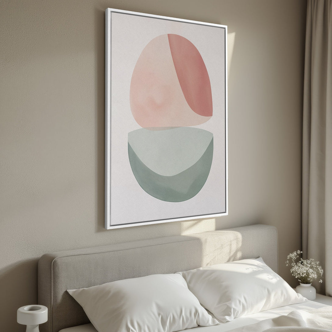 Framed Wall Art featuring abstract shapes in a minimalist style with a soft pink and green color palette. Perfect for modern bedroom decor.