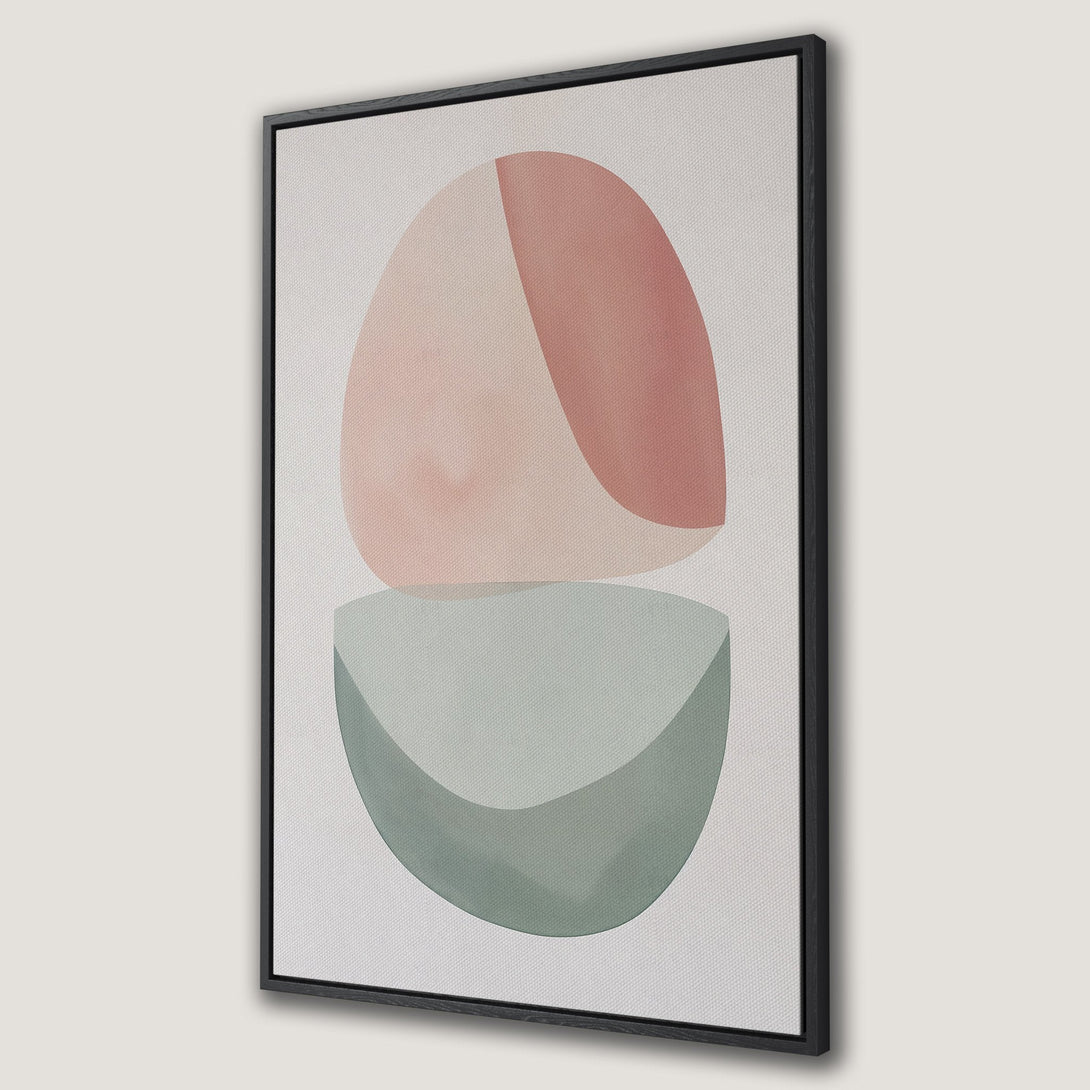 Framed Wall Art featuring abstract shapes in blush pink and sage green. Modern minimalist canvas print, perfect for adding a touch of elegance to any space.