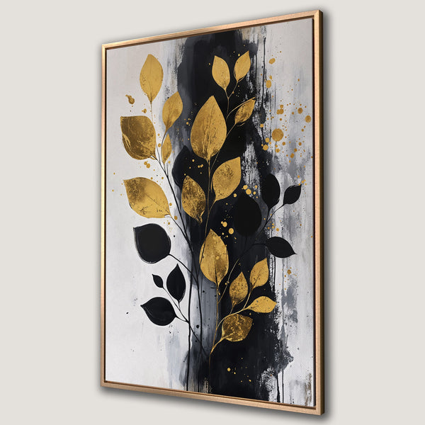 Framed Wall Art: Abstract gold leaf painting on canvas. Modern art with black, white, and gold color palette. Perfect for adding elegance to your home decor.