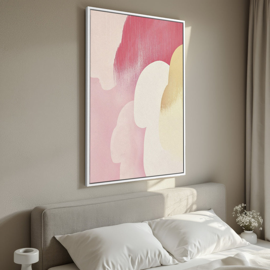 Framed Wall Art featuring an abstract pink and cream design. Modern art canvas print perfect for bedroom decor, adding a touch of elegance and style.