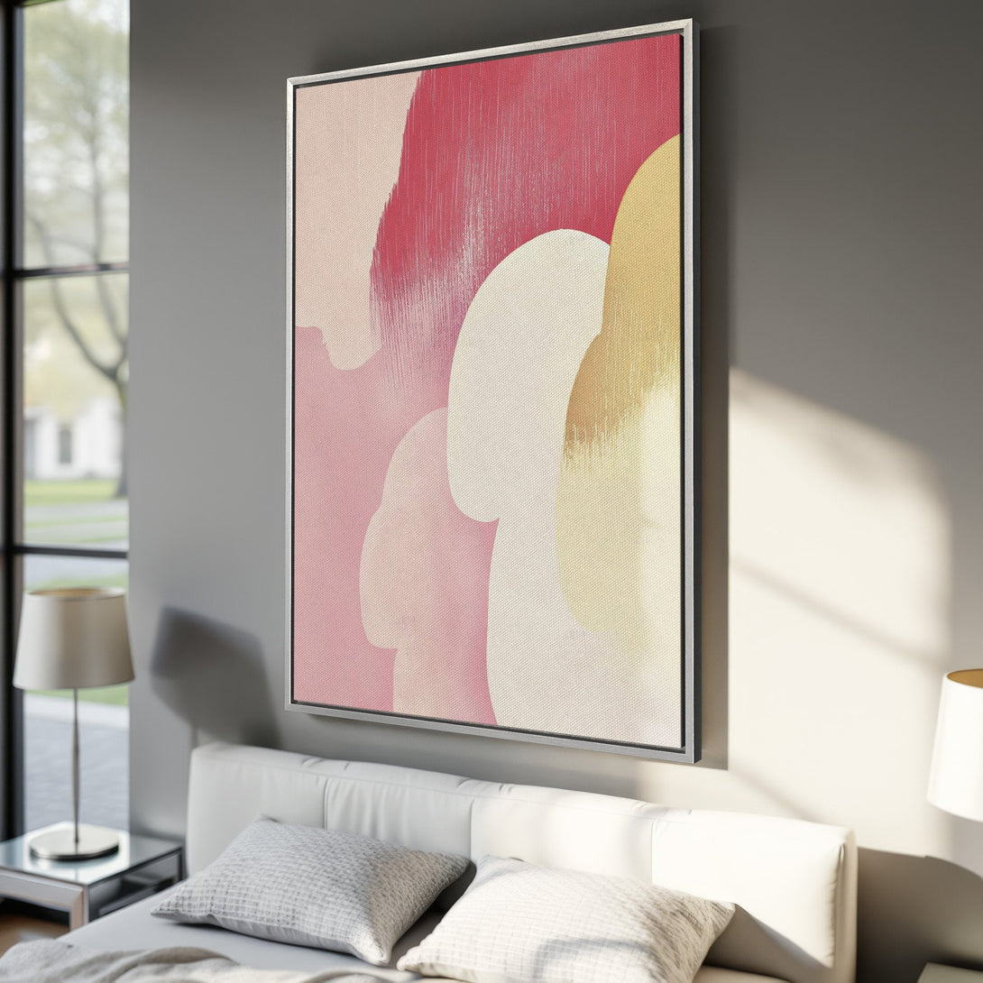 Framed Wall Art: Abstract canvas print featuring a soft, modern design in pink, cream, and gold hues. Perfect for adding a touch of elegance to any space.