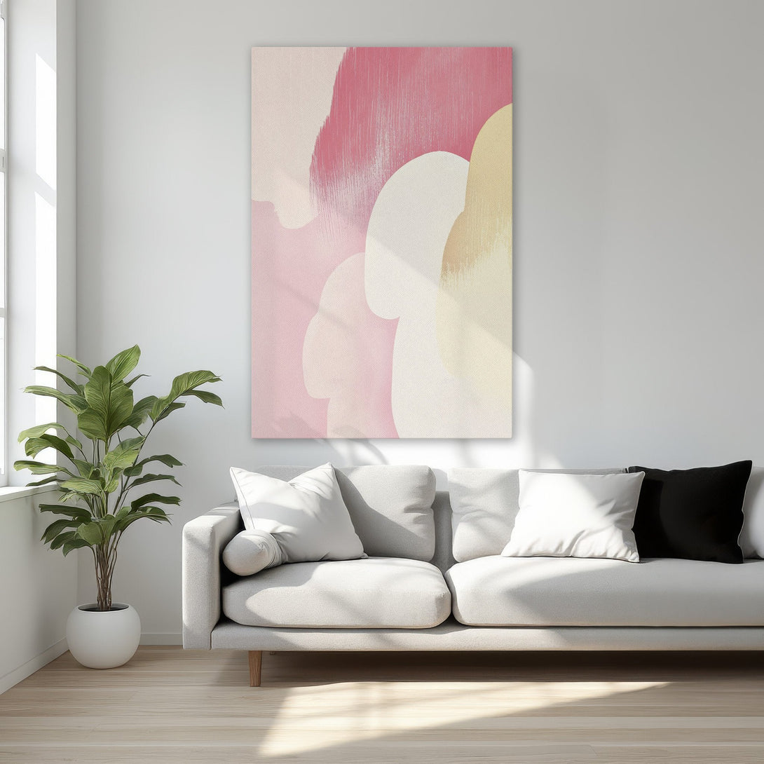Framed Wall Art featuring a modern abstract design in pink and beige tones. Perfect for adding a touch of elegance to any bedroom.