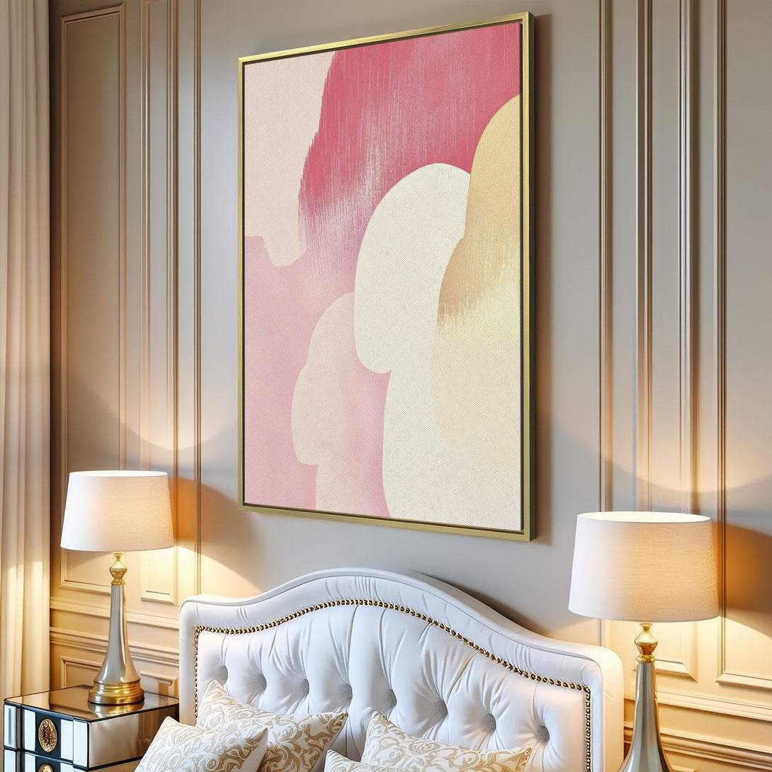 Abstract Canvas Print in blush pink and cream tones, perfect for modern living room decor. Add a touch of elegance to your space!