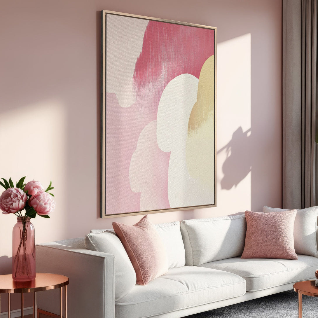 Framed Wall Art featuring abstract pink and gold brushstrokes, perfect for adding a touch of modern elegance to your living room.
