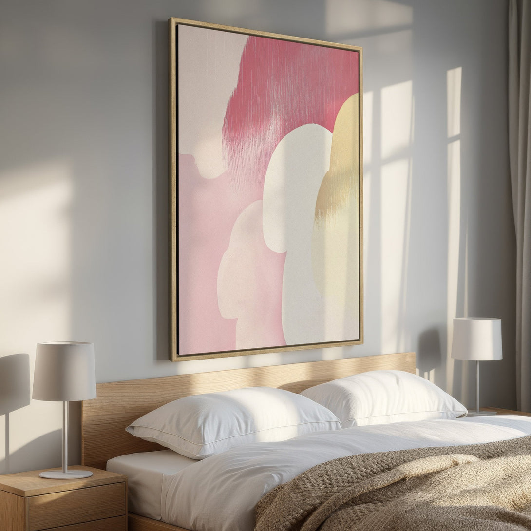 Framed Wall Art featuring abstract pink & beige brushstrokes. Modern art for bedroom decor. Soft color palette to elevate your space.