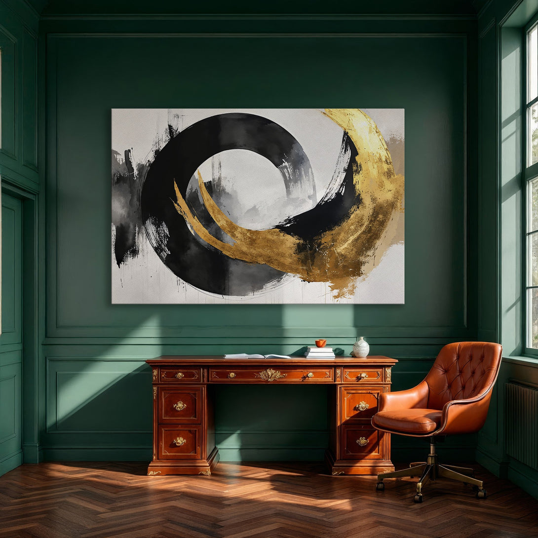 Framed Wall Art: Abstract black, gold, and white canvas print. Modern art for dining room decor. Elevate your space with this stylish artwork.
