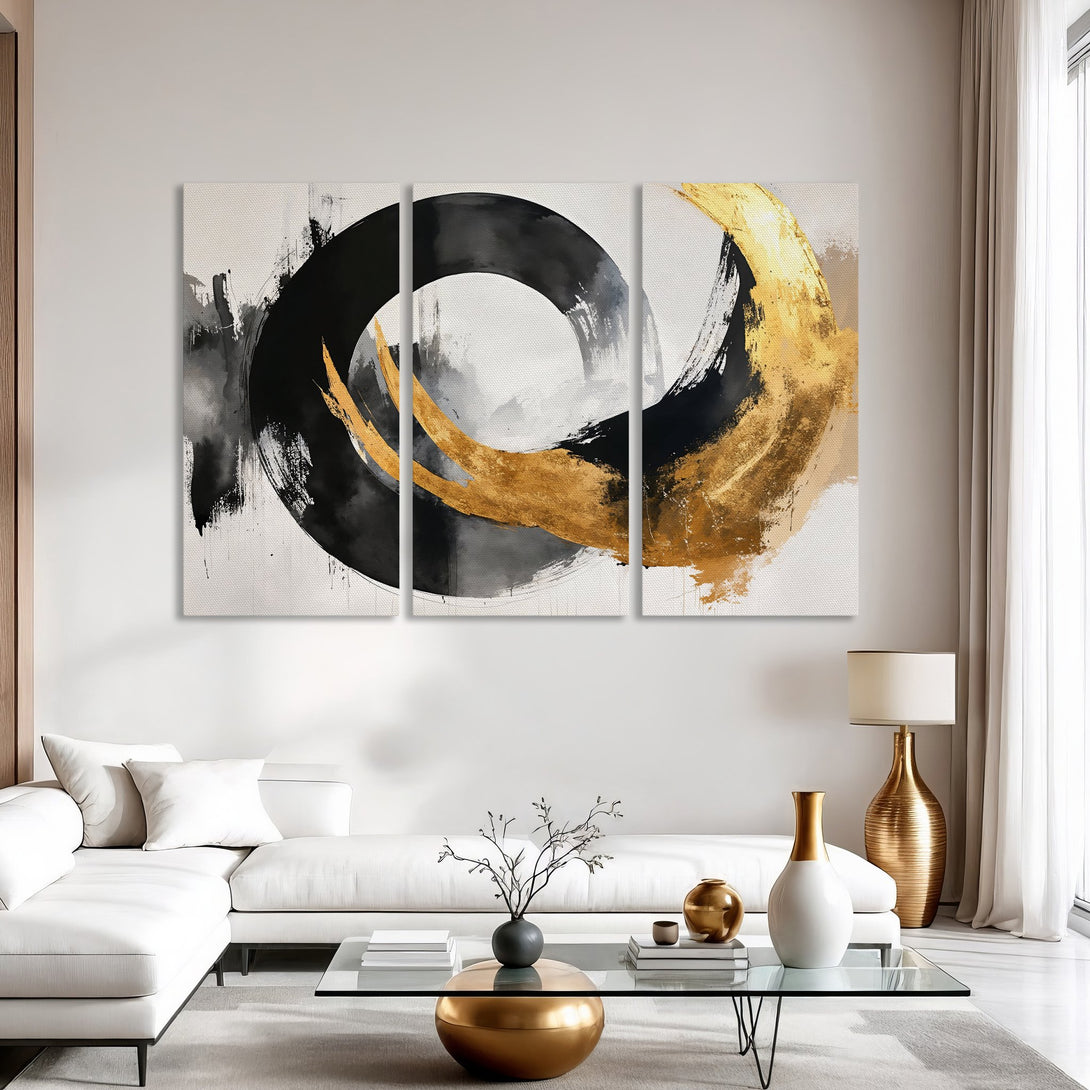 Abstract Canvas Print in black, gold, and white. Modern art for living room decor. Elevate your space with this stylish wall art.