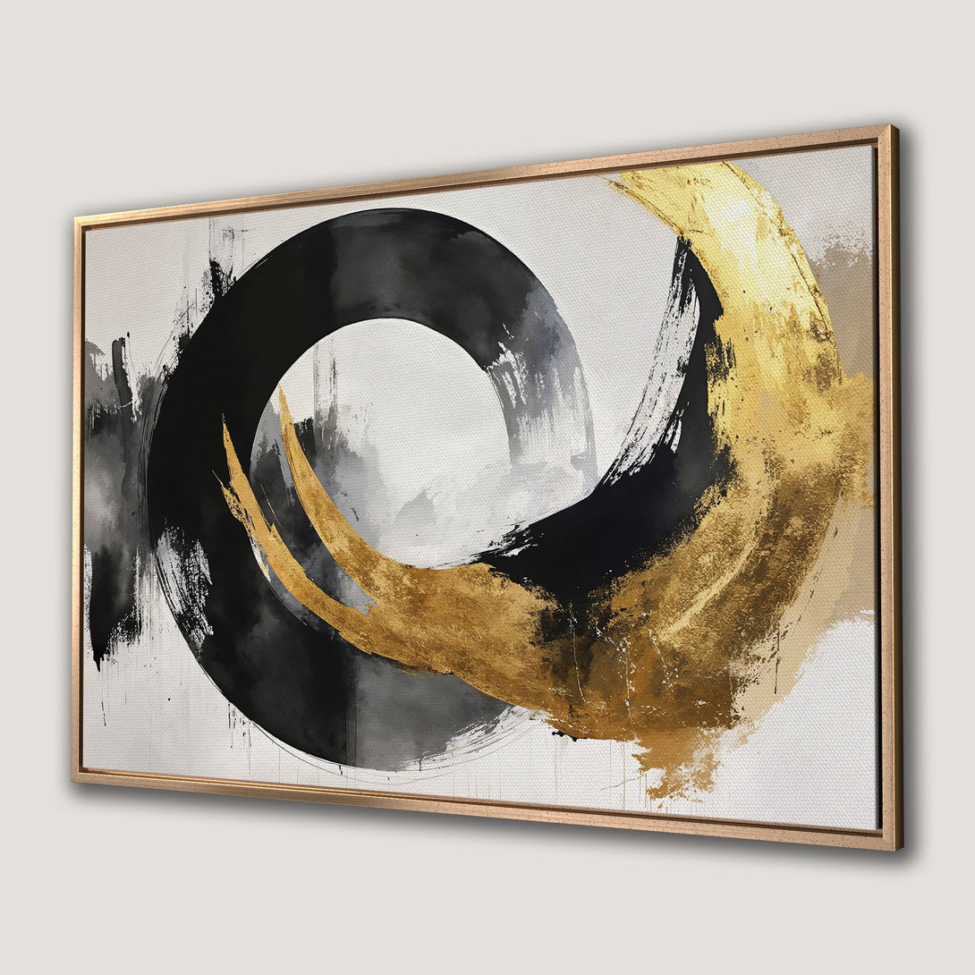 Framed Wall Art featuring abstract brushstrokes in black, gold, and gray. Modern canvas print for a stylish home decor upgrade.