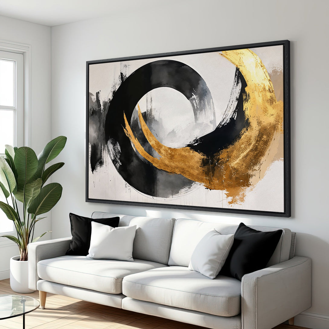 Framed Wall Art: Abstract brushstroke design in black, gold, and white. Modern art canvas print adds a touch of elegance to any living room.