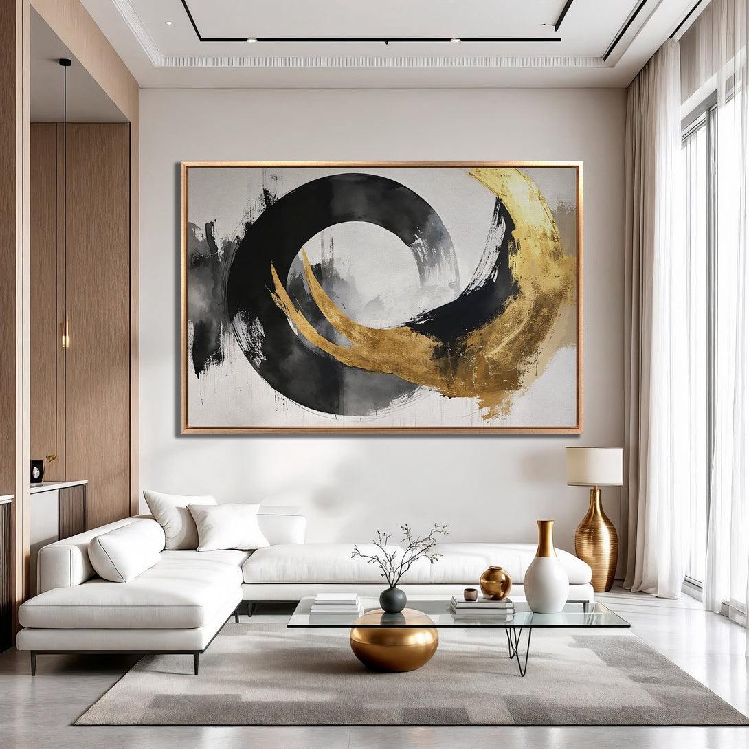 Framed Wall Art: Abstract gold, black, and gray brushstroke design. Modern art canvas print adds elegance to any interior. Shop now!