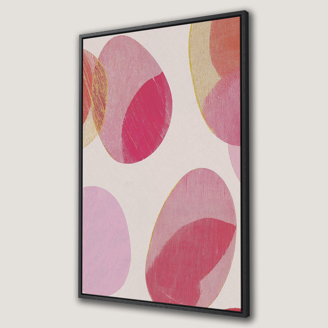 Framed Wall Art featuring an abstract design of overlapping pink and red circles on a neutral background. Modern art for your home decor.