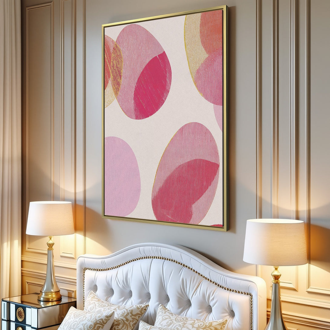 Abstract Canvas Print featuring overlapping pink and gold shapes. Modern art piece with a soft, feminine color palette, perfect for stylish home decor.