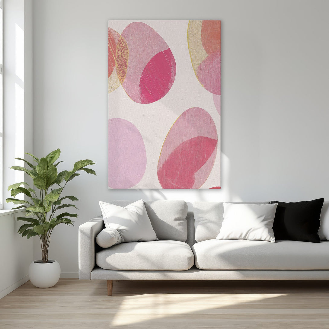 Framed Wall Art featuring abstract pink and gold circles. Modern canvas print adds a pop of color to any bedroom. Shop now!